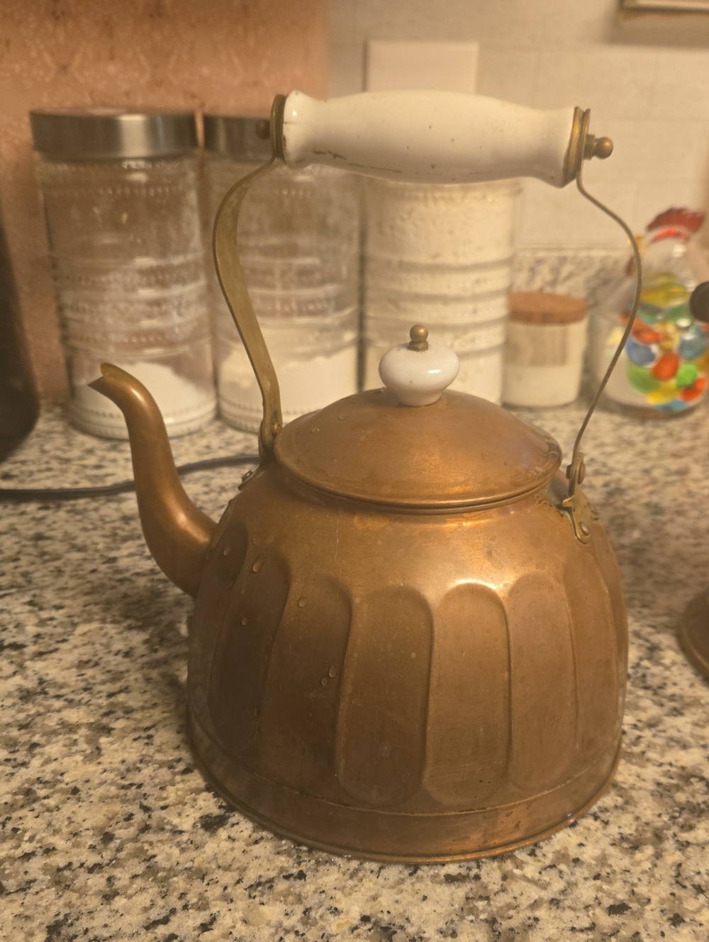 Vintage Copper Teakettle with White Ceramic Handle and Knob